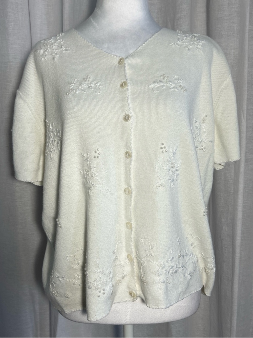 Ivory Embroidered Short-Sleeve Button Cardigan Sweater